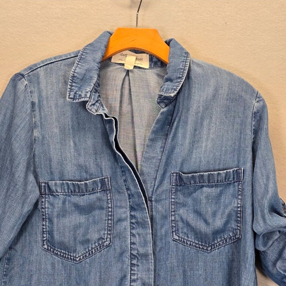 Cloth & Stone Denim Shirt Women’s Tencel Chambray Long Sleeve V Neck Size S - Picture 4 of 13